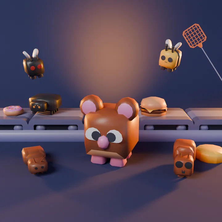 The whole crew of pests raiding the factory line – rat, cockroach, ant, spider, fly and wasp – as the CEO’s fly swatter swings in